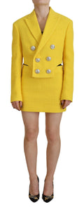 Costume femme Dsquared², blazer court jaune à double boutonnage avec jupe assortie, style élégant et moderne.
