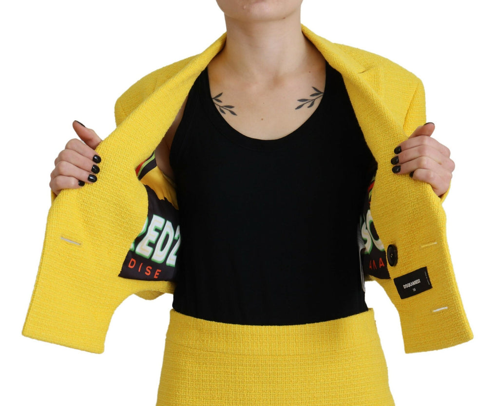 Ensemble blazer et jupe courte jaune double boutonnage Dsquared², complet élégant pour femme.