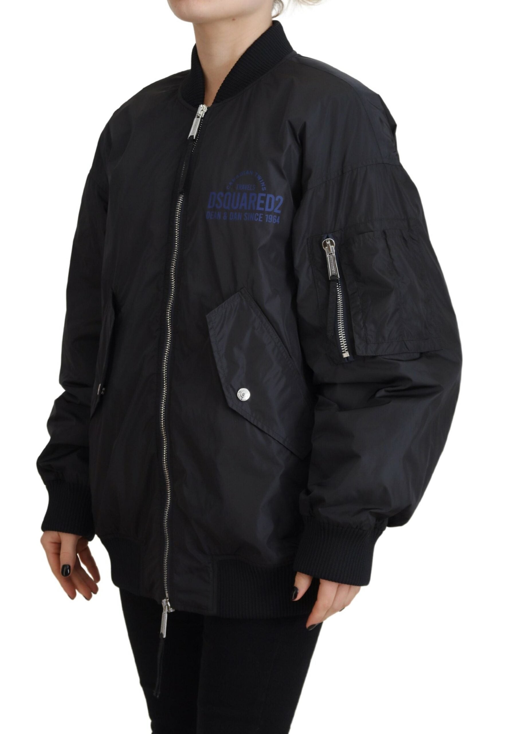 Veste bomber pour femme Dsquared² noire avec logo imprimé, zip intégral, style décontracté et moderne.