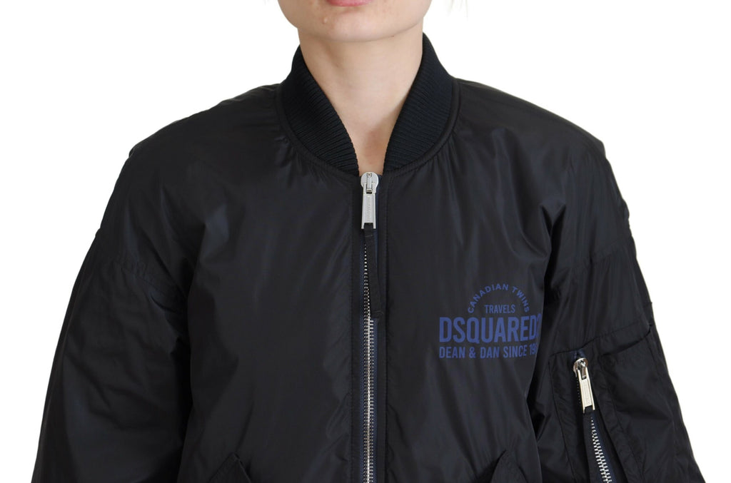 Veste bomber femme noire Dsquared² avec logo imprimé, fermeture éclair complète, style décontracté et tendance.