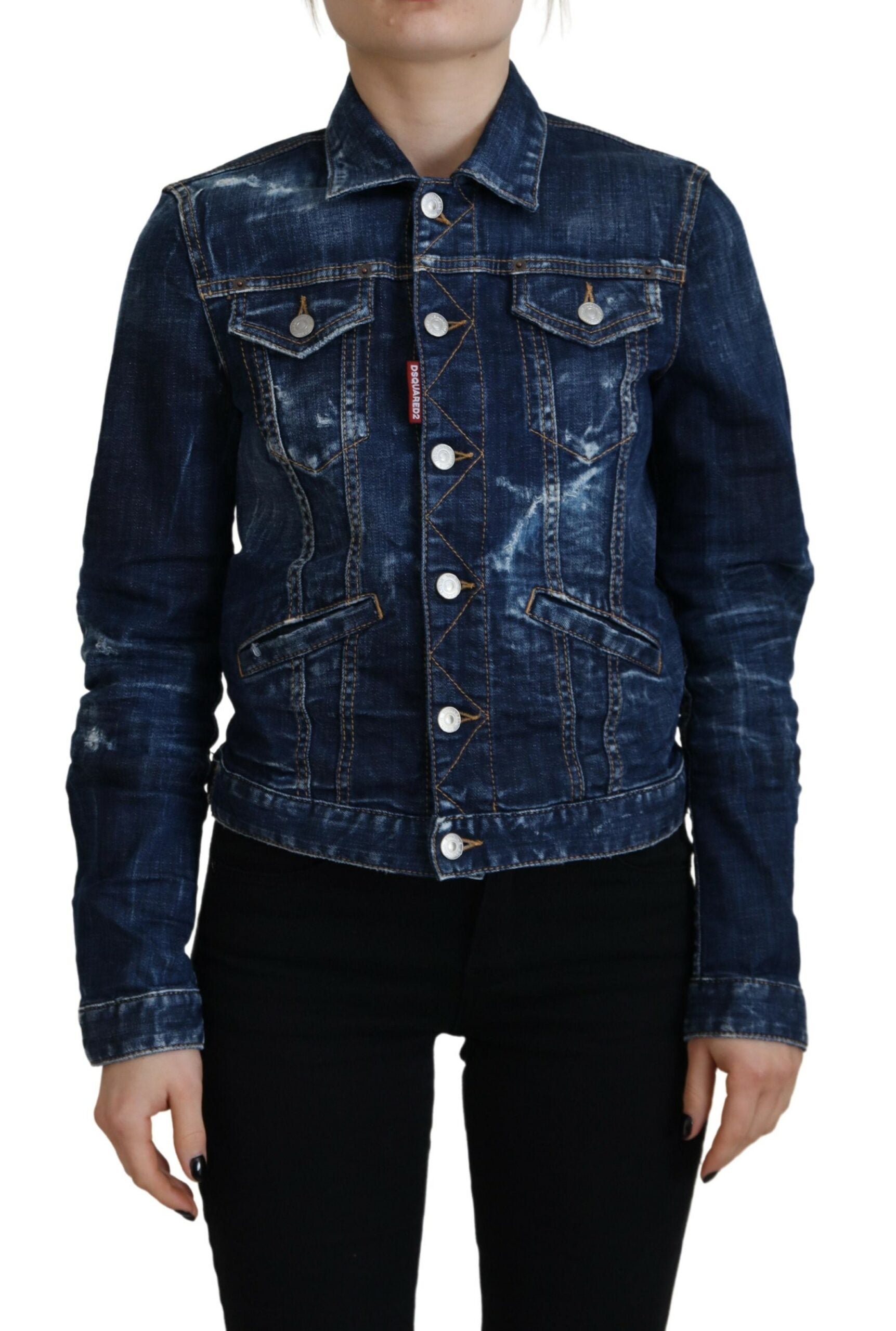 Veste en jean déchirée bleue Dsquared² Icon avec impression graphique, style décontracté et tendance pour homme.