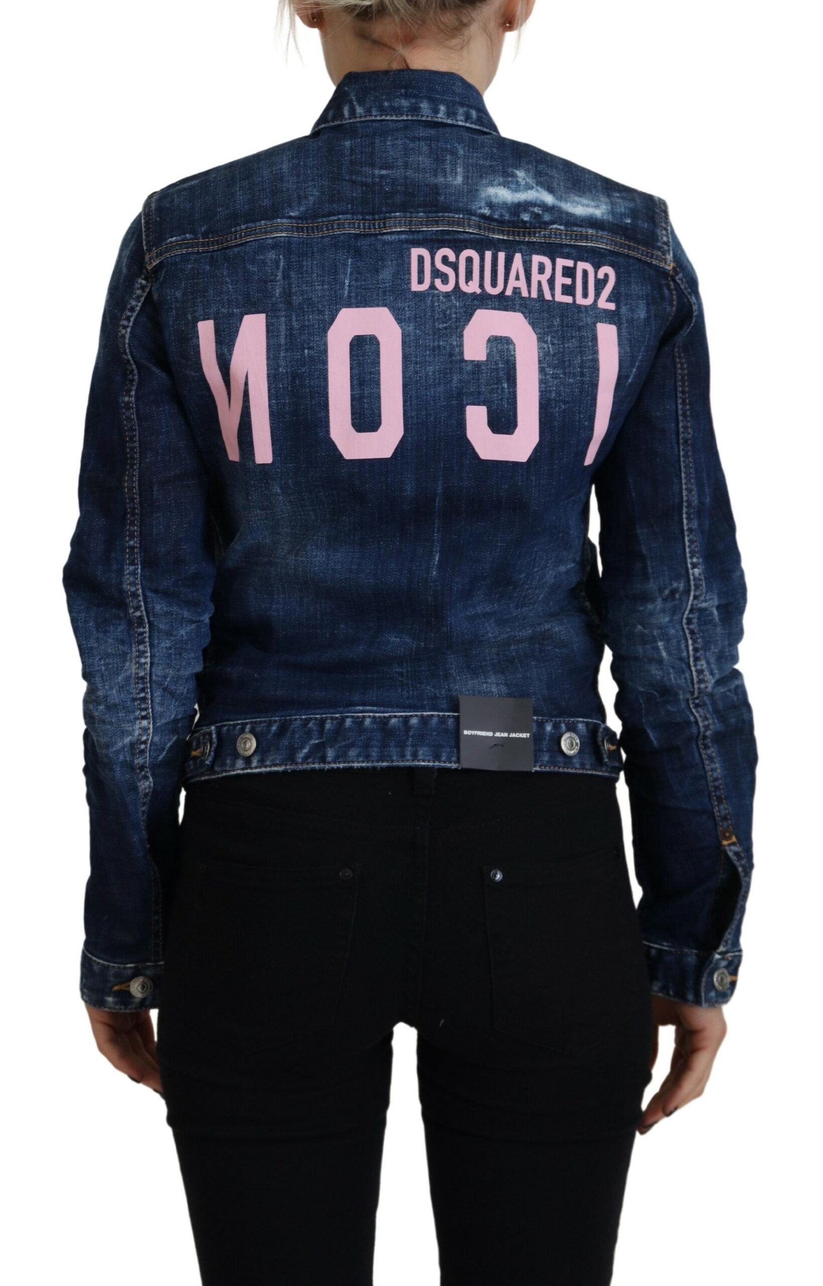 Veste en jean déchirée bleue Dsquared² Blue Icon avec imprimé, style décontracté et détails usés.