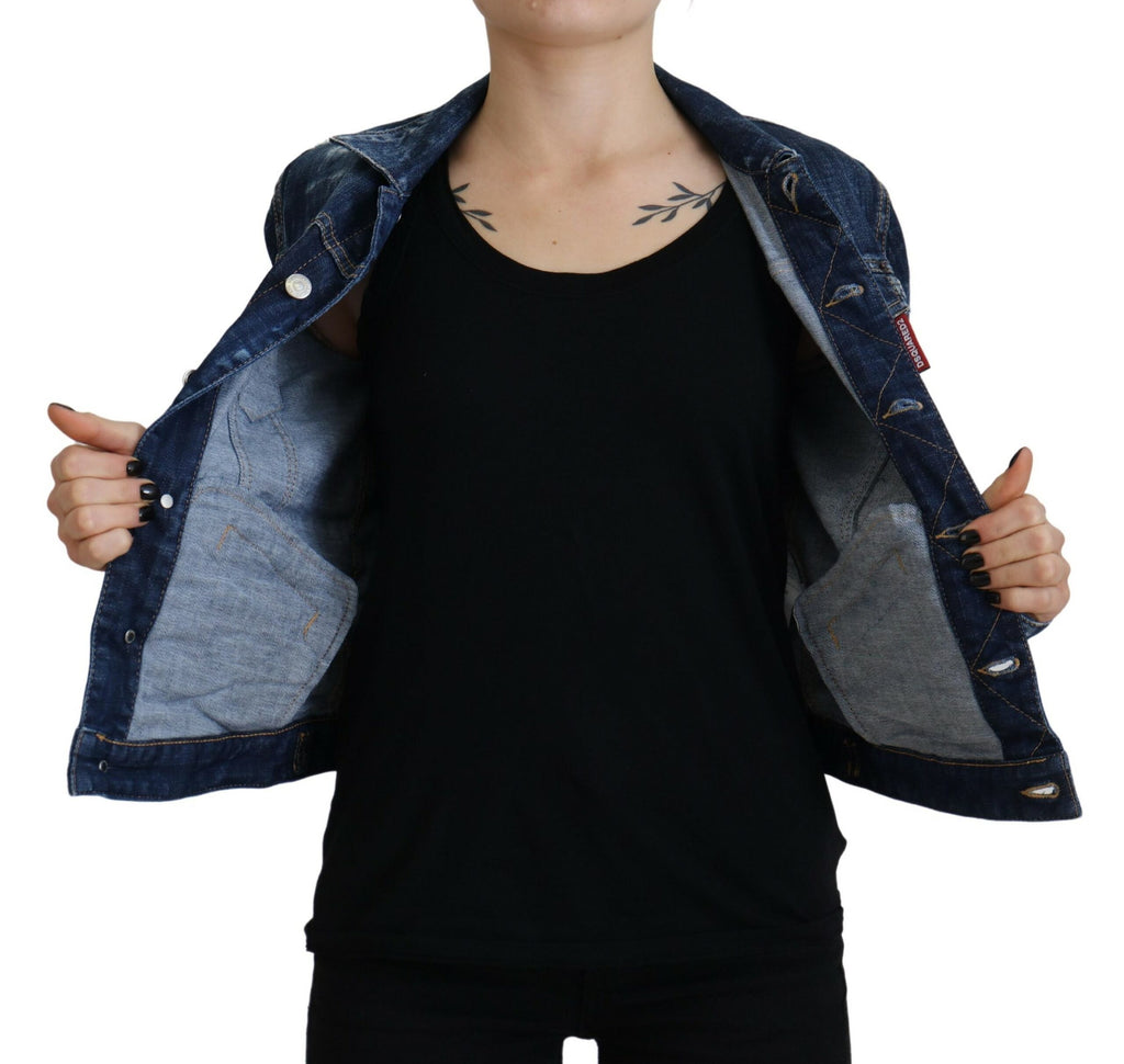 Veste en jean déchirée bleue avec imprimé Icon de Dsquared², style décontracté et tendance, vue de face.