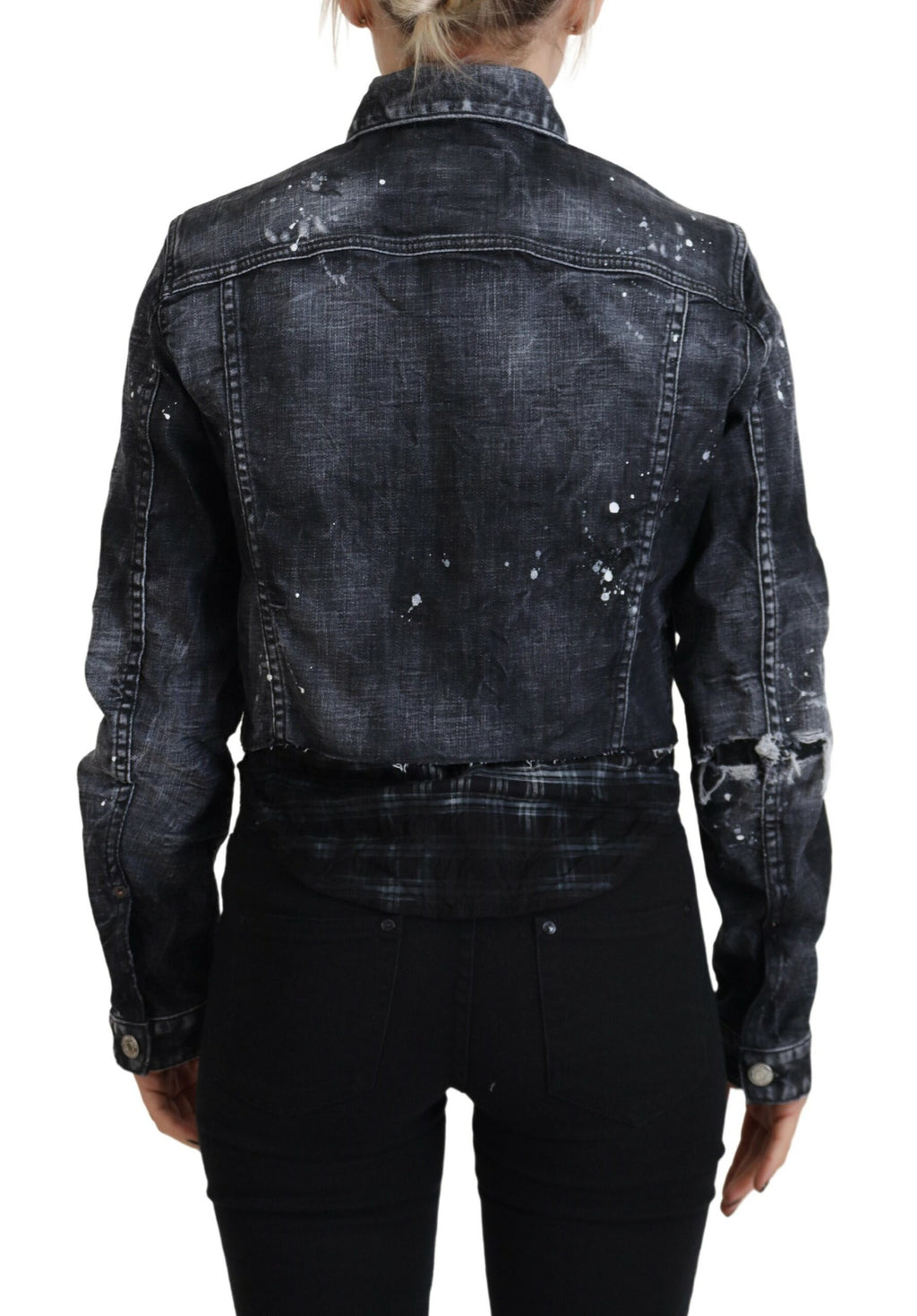 Veste en jean délavée grisâtre, déchirée, en coton, de marque Dsquared², style décontracté et tendance.