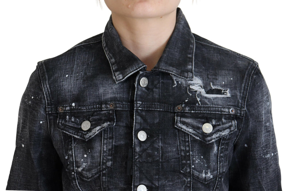 Veste en jean gris délavé et déchirée de Dsquared², en coton, style décontracté et tendance, vue de face sur fond blanc