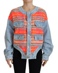 Veste en jean à panneaux orange et bleu avec boutons avant de la marque Dsquared², style décontracté et moderne.