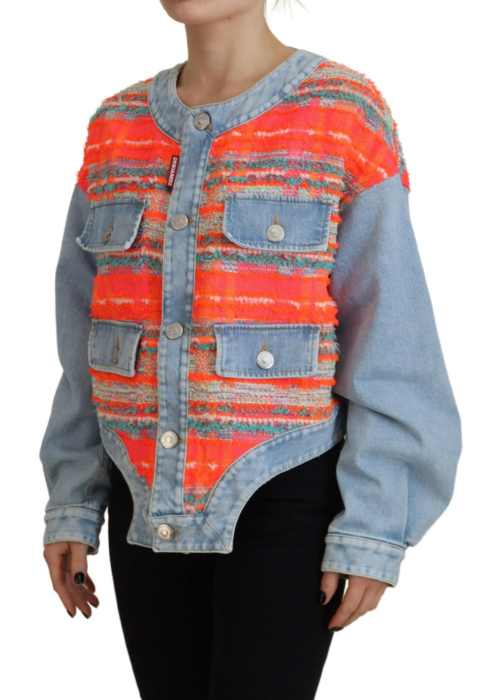 Veste en jean à panneaux orange et bleu de Dsquared² avec boutons frontaux, style décontracté et tendance.