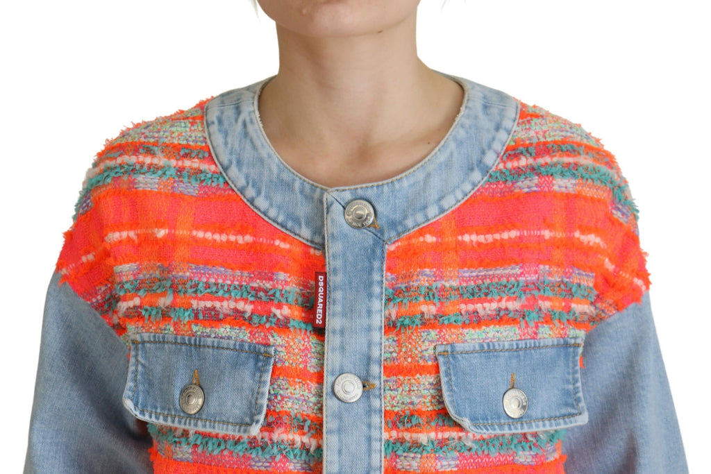 Veste en jean bleue et orange à panneaux avec boutons avant, style décontracté, par Dsquared².