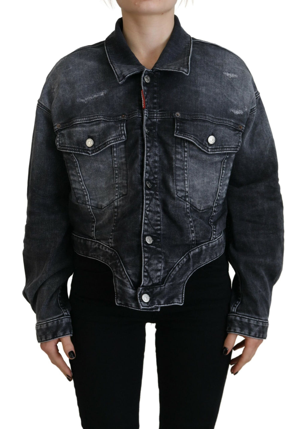Veste en denim gris délavé courte de la marque Dsquared², en coton avec une finition usée et un style décontracté.