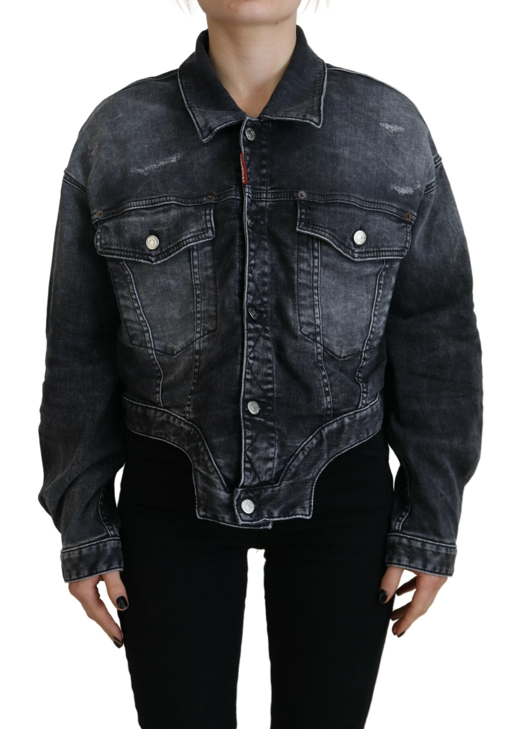 Veste en denim gris délavé courte de la marque Dsquared², en coton avec une finition usée et un style décontracté.