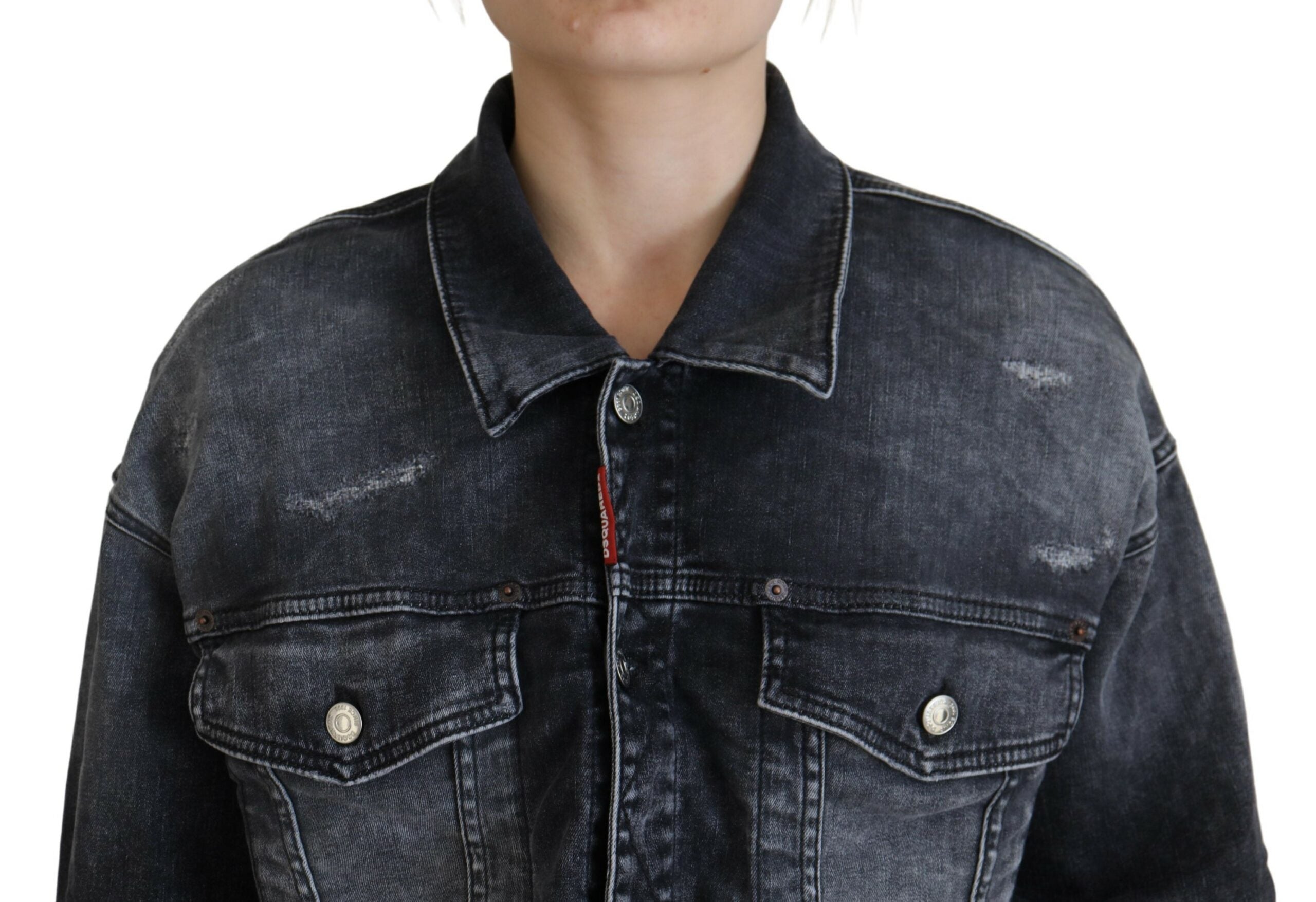 Veste en denim gris délavé et courte de Dsquared², en coton avec une coupe tendance et des détails usés visibles.