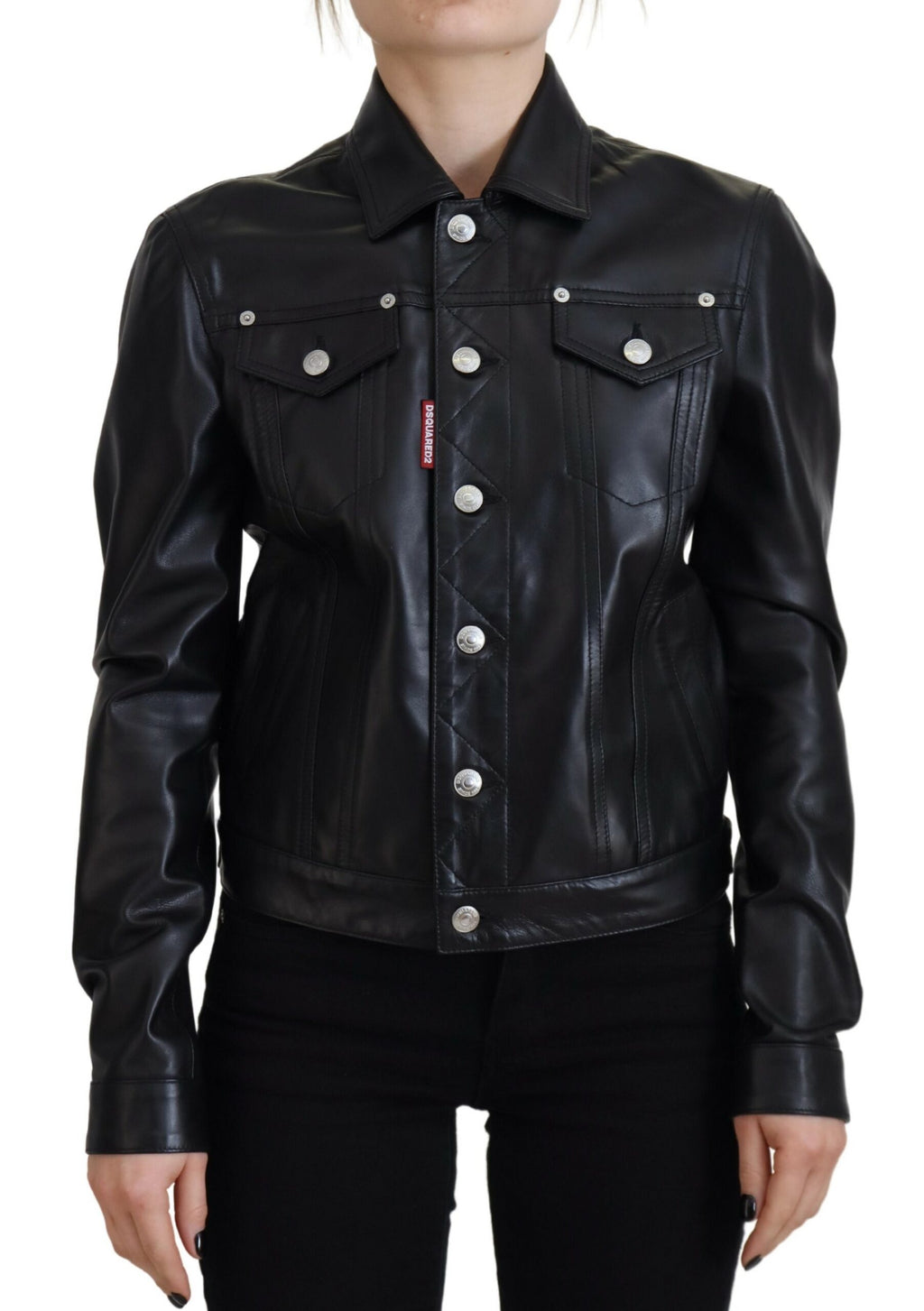 Veste en cuir noir à col et manches longues de la marque Dsquared², vue de face avec détails du col et des manches.