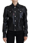 Veste en cuir noir à col et manches longues de la marque Dsquared², vue de face avec détails du col et des manches.