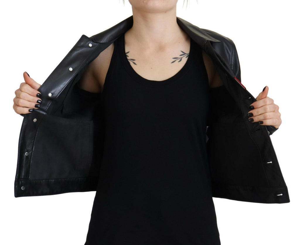 Veste en cuir noire à col avec manches longues de Dsquared², vue de face, détails du col et de la texture du cuir visible.