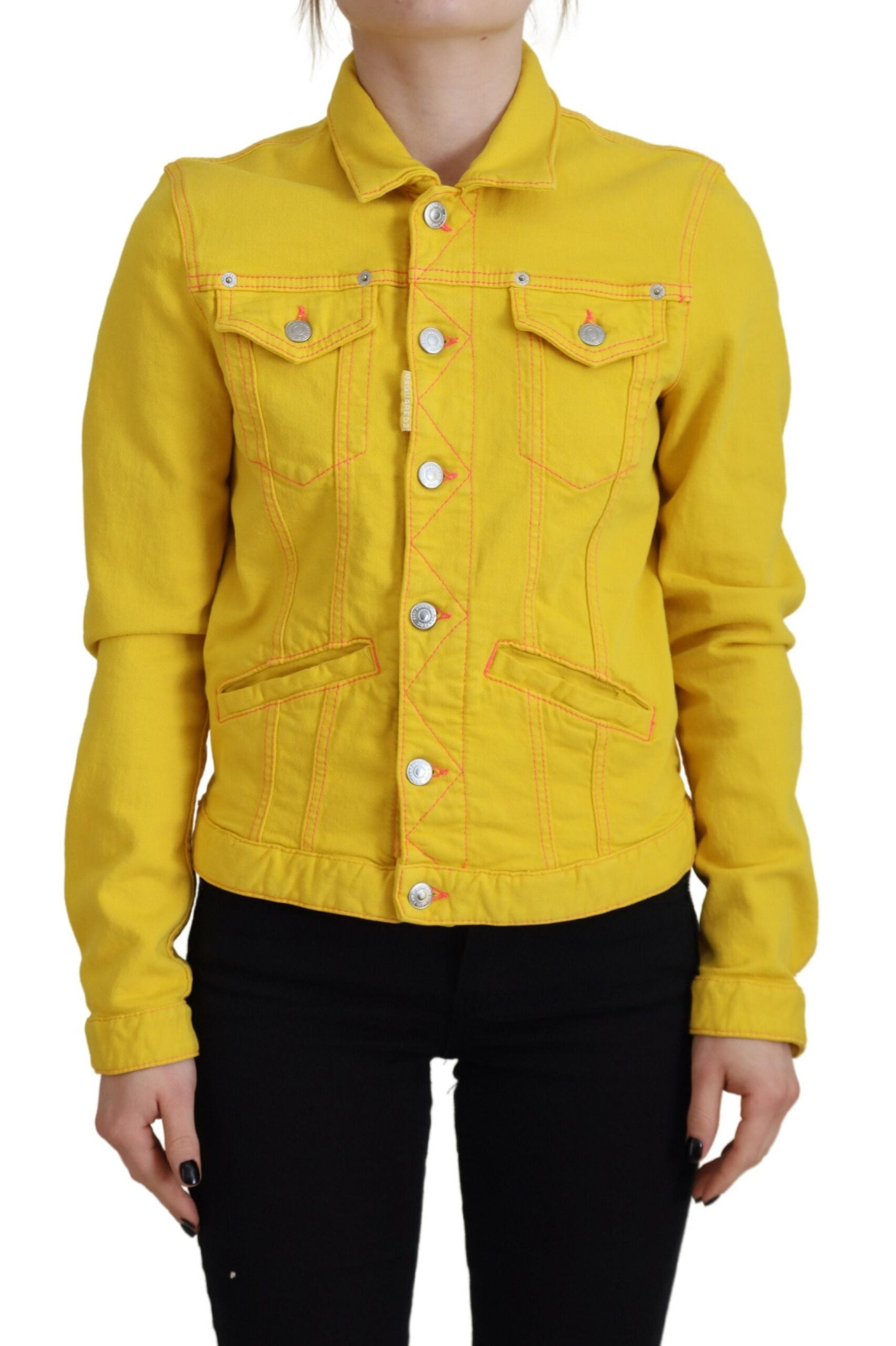 Veste en jean jaune à manches longues avec col de la marque Dsquared², vue de face.