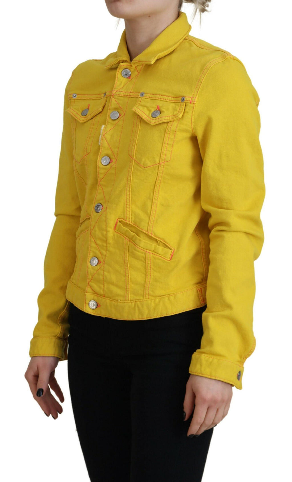 Veste en jean à manches longues jaune avec col, marque Dsquared², vue de face, détails du tissu et style décontracté.