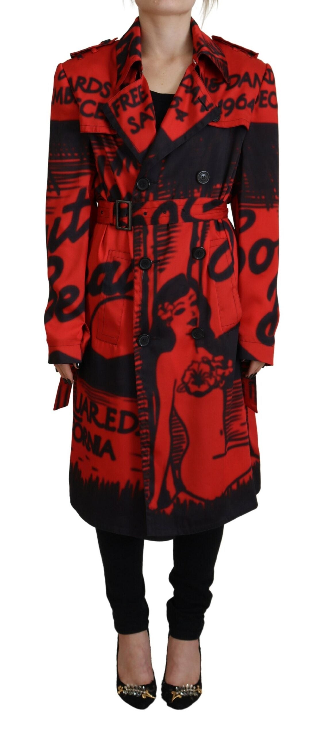 Veste Dsquared² rouge à imprimé, col à bouton, style Desigual, vue de face avec détails de la couture et du tissu.