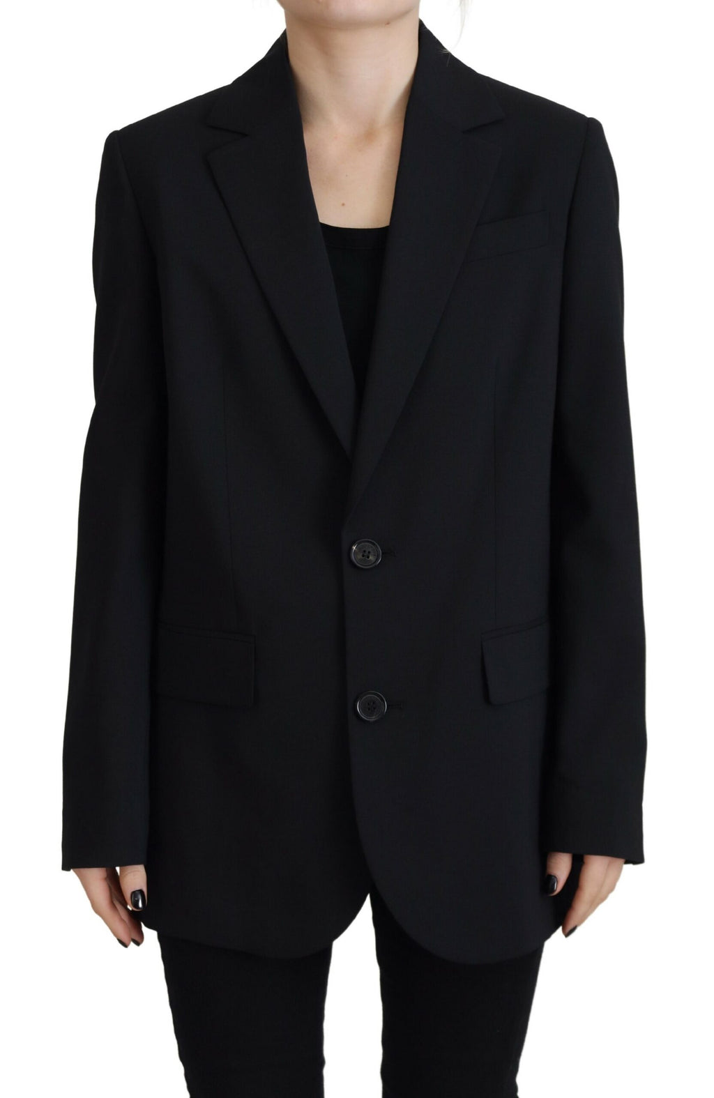 Blazer noir à fleurs Dsquared², coupe simple, avec col cranté et boutons, porté sur un mannequin.