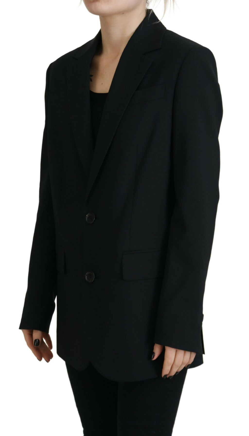 Manteau blazer noir à fleurs Dsquared² à un seul rang de boutons, coupe élégante et détails floraux visibles en image.