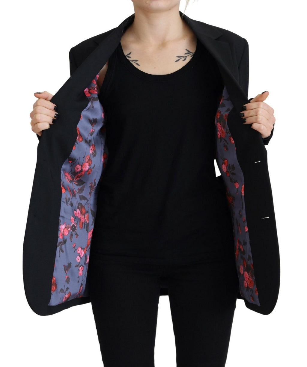 Manteau blazer noir à fleurs à un seul bouton Dsquared², coupe élégante et moderne, porté sur un mannequin.