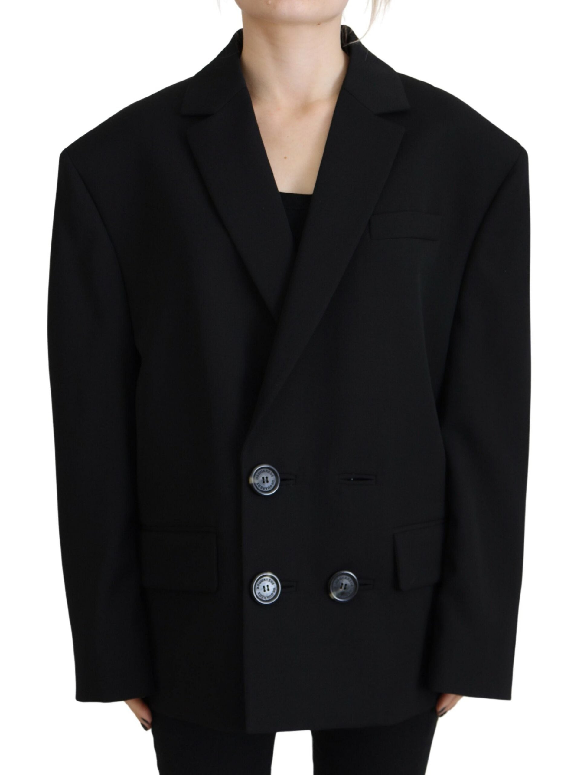 Blazer noir double boutonnage Dsquared², veste élégante en tissu structuré, portée avec col revers et poches latérales.