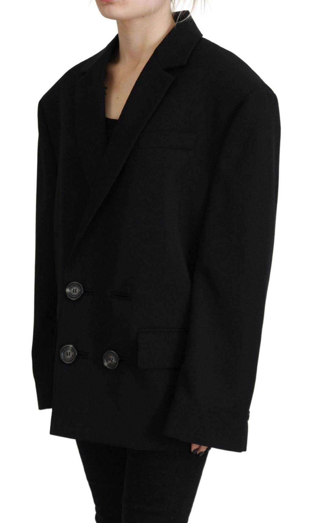 Veste blazer noire à double boutonnage Dsquared², manteau élégant avec col cranté et coupe ajustée visible sur l'image.
