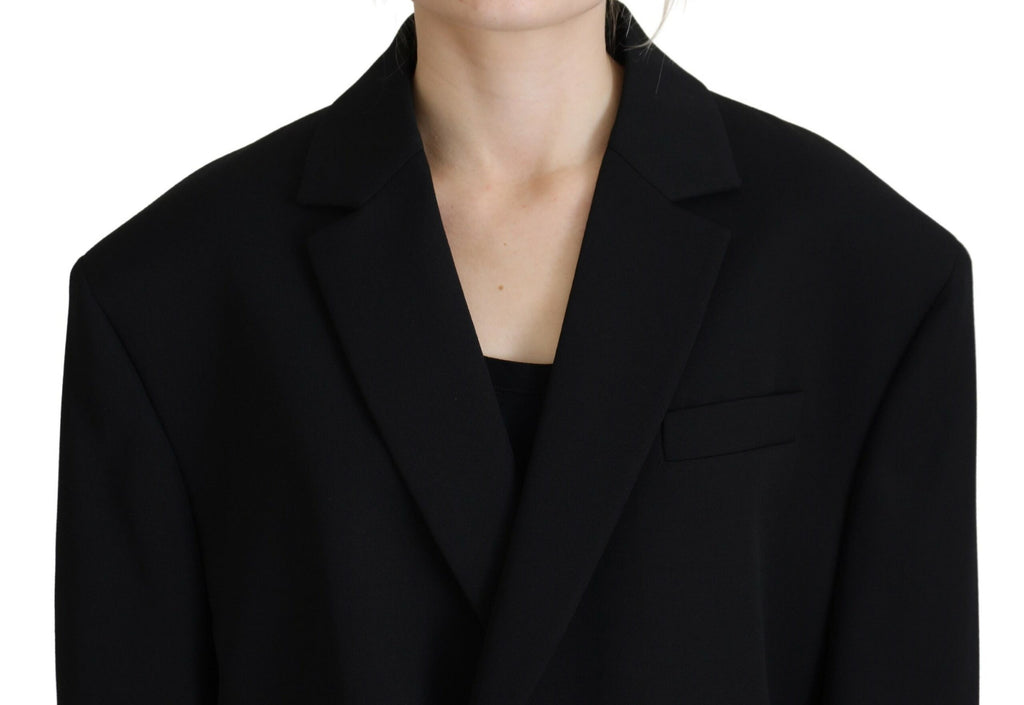 Manteau blazer noir à double boutonnage Dsquared², veste élégante en tissu classique, porté sur un fond neutre.