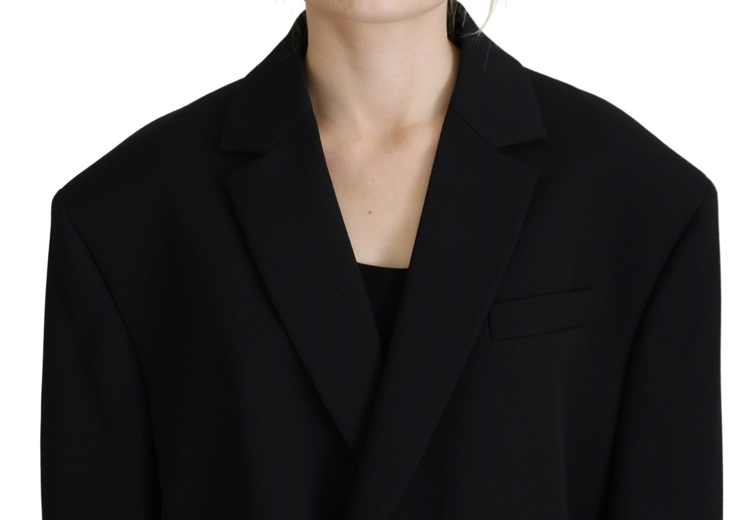 Manteau blazer noir à double boutonnage Dsquared², veste élégante en tissu classique, porté sur un fond neutre.