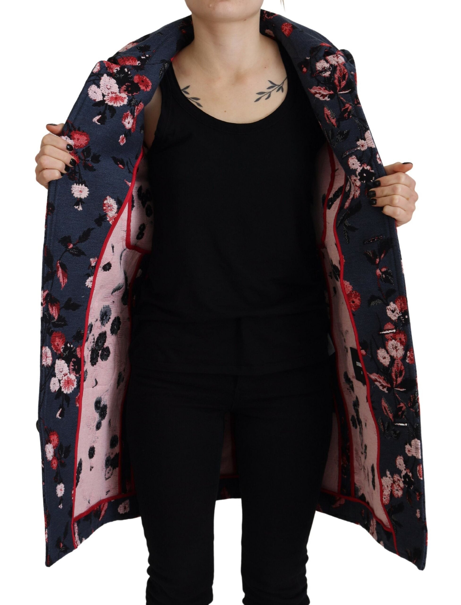 Manteau long pour femme Dsquared² à imprimé multicolore, blazer chic en tissu léger, mode élégante et tendance.