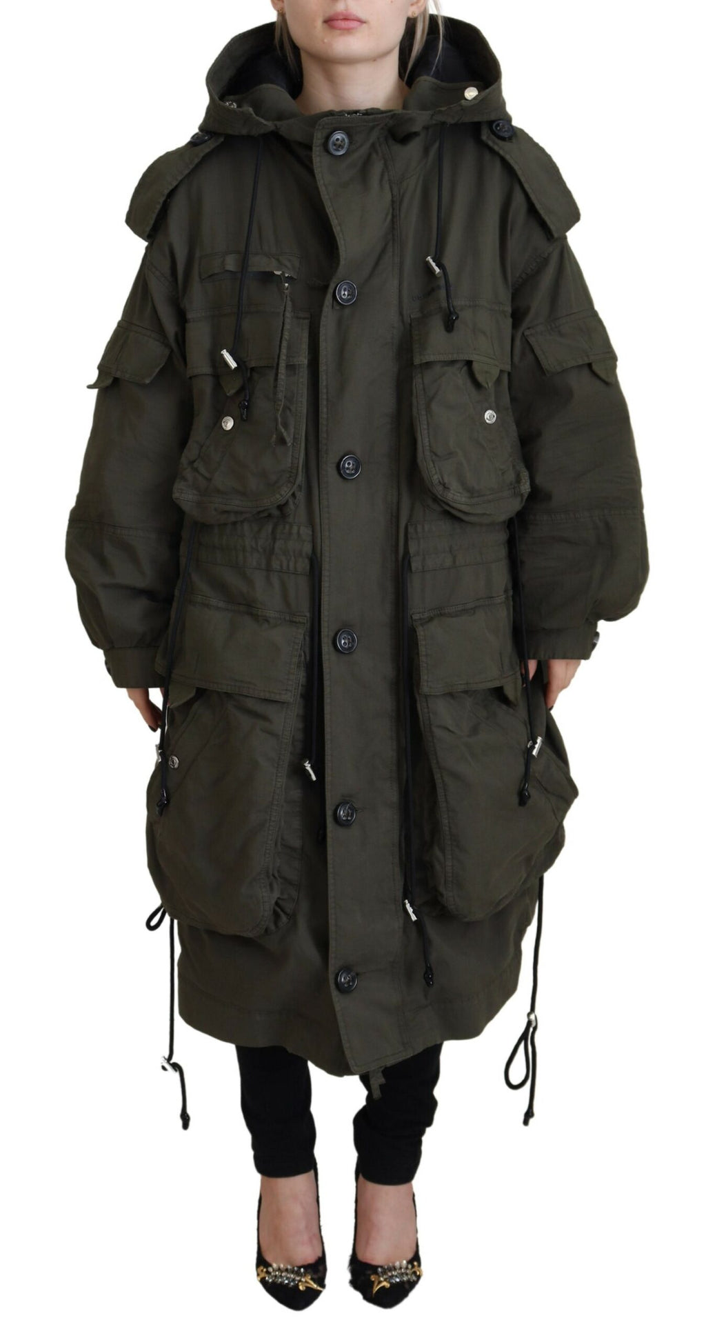 Manteau long vert à capuche avec fermeture éclair intégrale, veste par Dsquared², style décontracté et chaud.