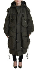 Manteau long vert à capuche avec fermeture éclair intégrale, veste par Dsquared², style décontracté et chaud.