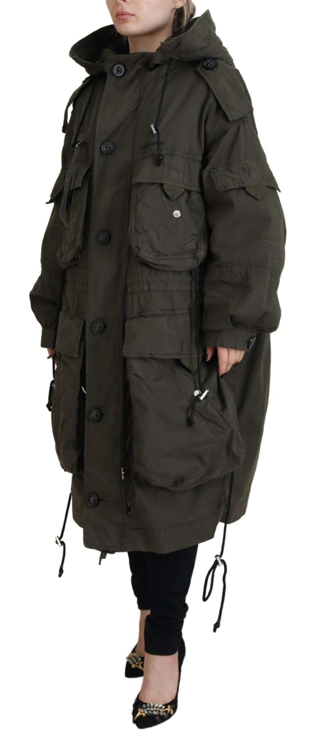 Veste parka longue à capuche verte de Dsquared², zip intégral, style décontracté et chaud pour l'hiver.