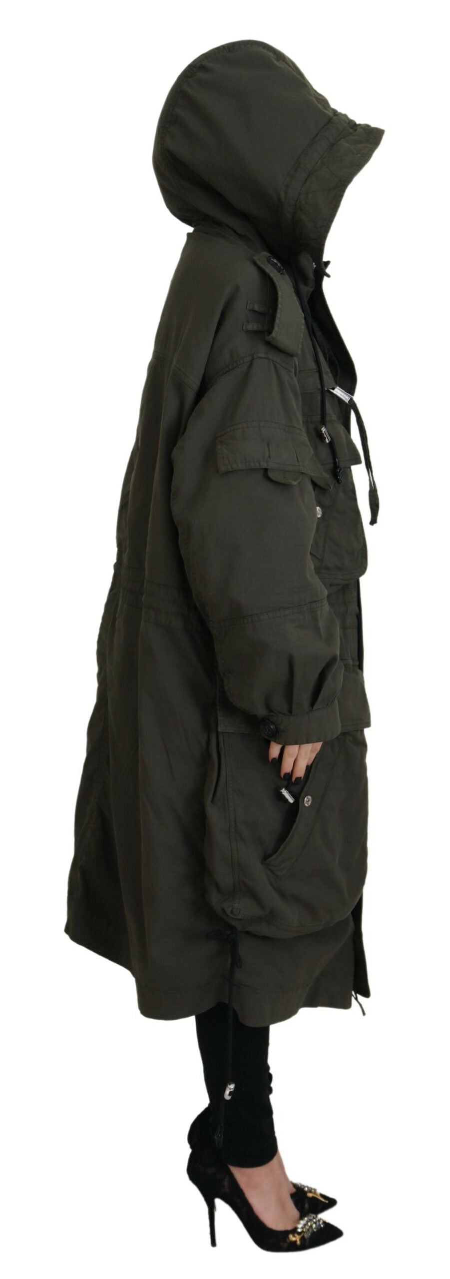 Veste longue à capuche vert foncé de Dsquared², parka zippée avec détails modernes et coupe décontractée.