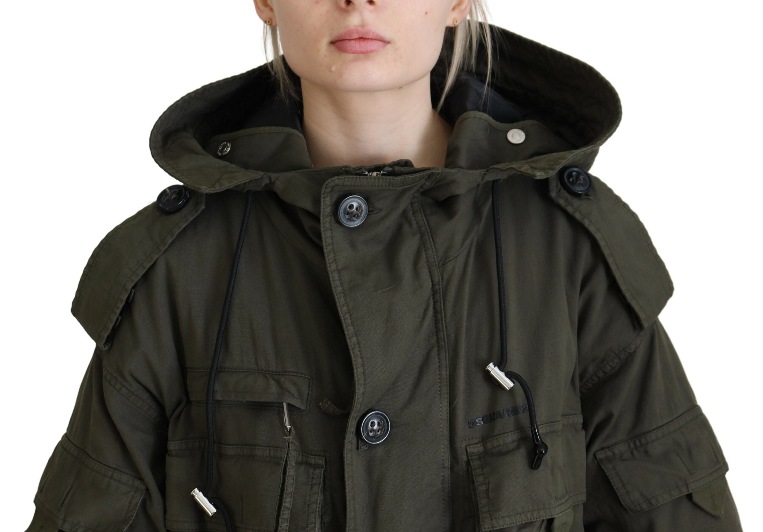 Doudoune longue verte à capuche et zip complet de Dsquared², veste hivernale élégante et chaude.