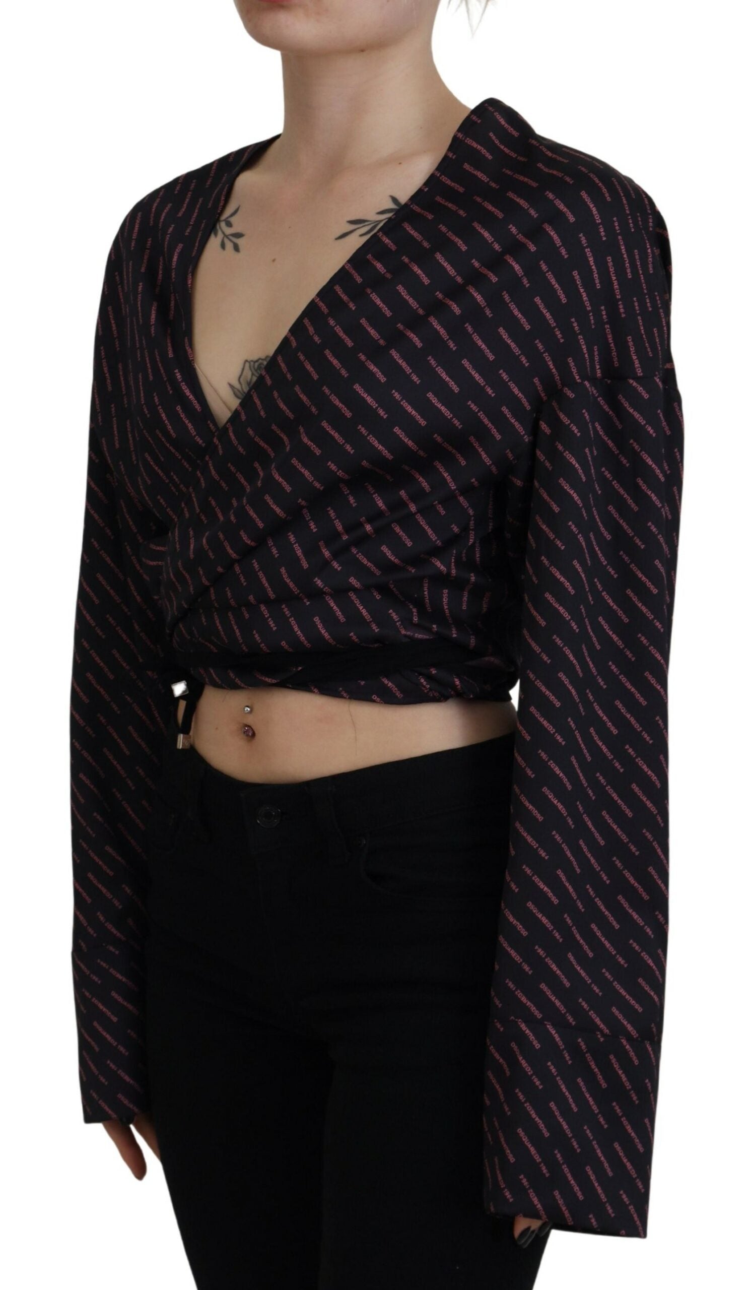 Chemisier court en polyester noir Dsquared² avec logo imprimé, manches longues et coupe élégante.
