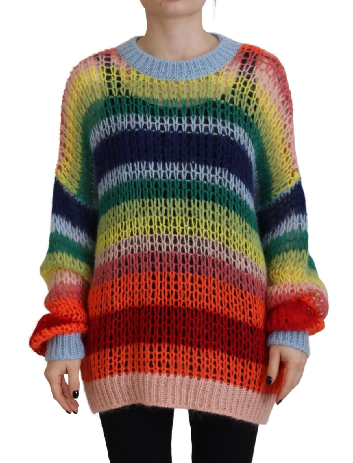 Pull ras de cou multicolore en mohair de la marque Dsquared², tricoté, avec motif coloré et texture douce visible sur l'image.