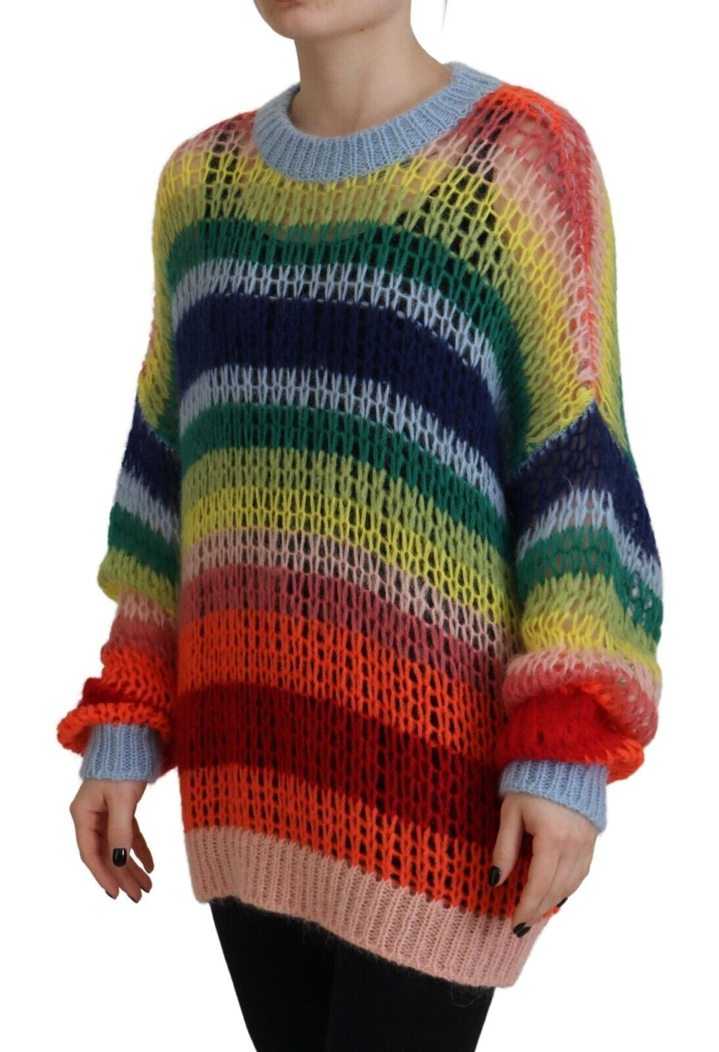 Pull en laine mohair multicolore Dsquared² à col rasé, moelleux et tricoté, visible en gros plan sur l’image.