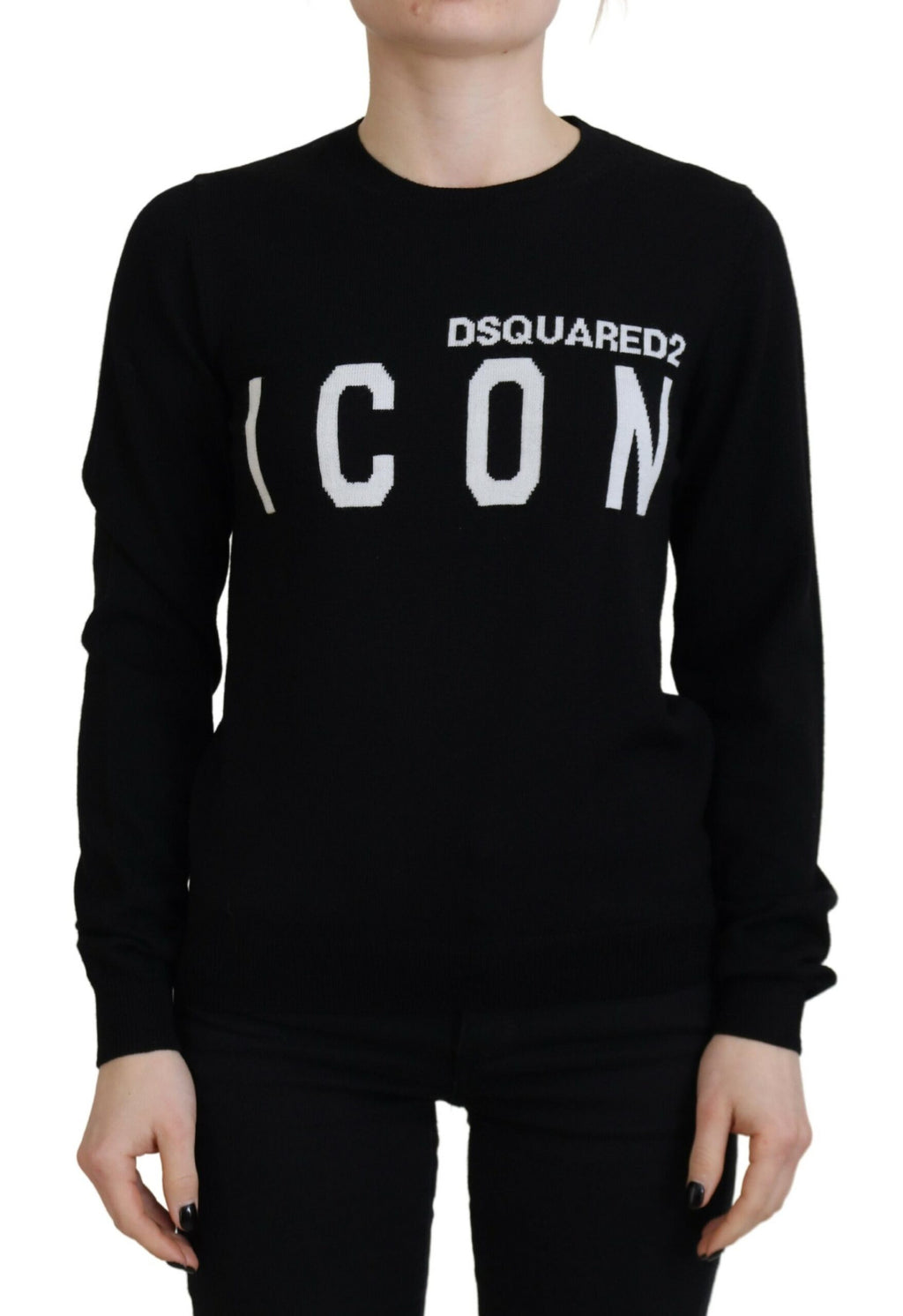 Pull en laine vierge noire Dsquared² avec logo imprimé, manches longues et style décontracté.