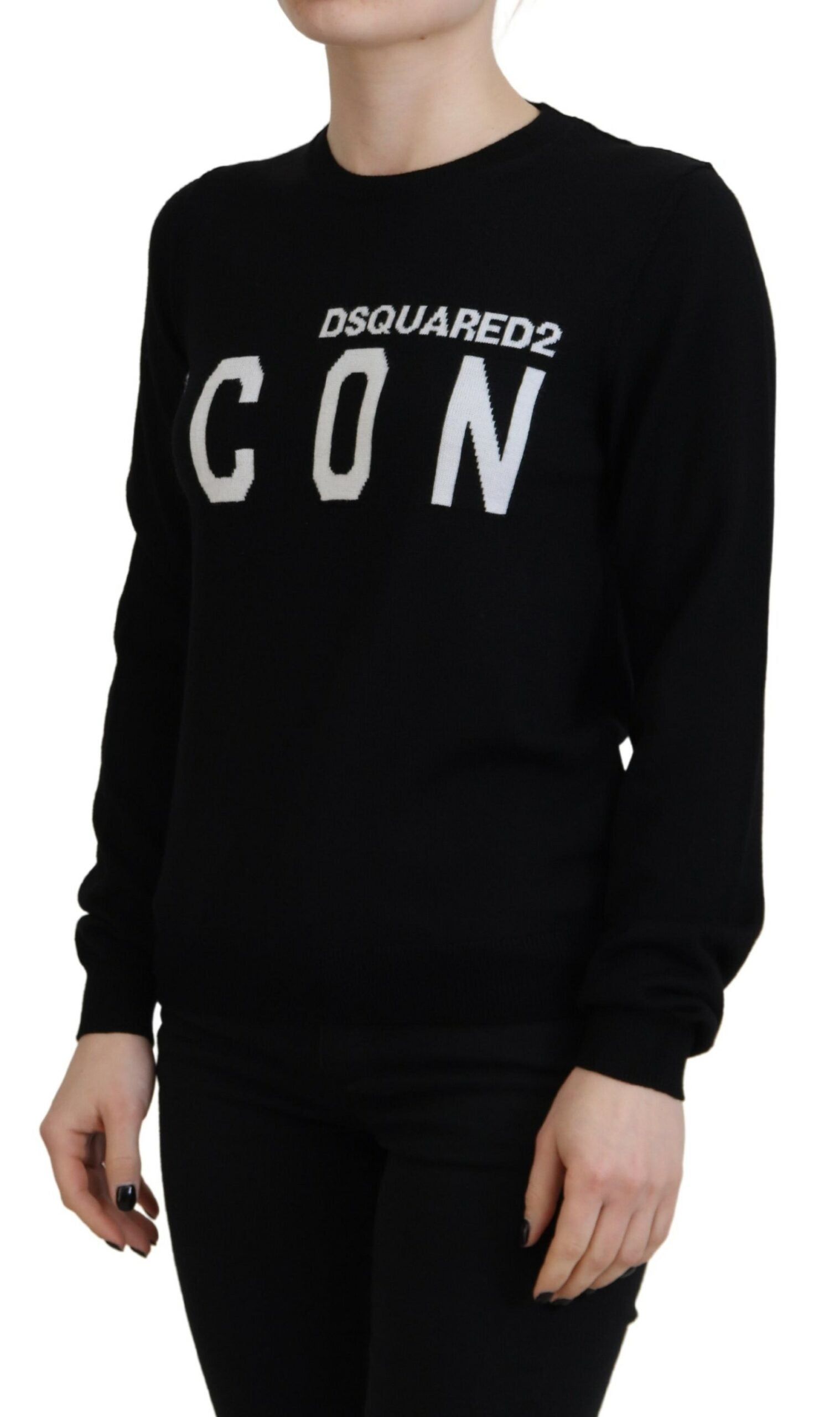 Pull à manches longues en laine vierge noire avec logo imprimé de Dsquared², détail élégant et style décontracté.