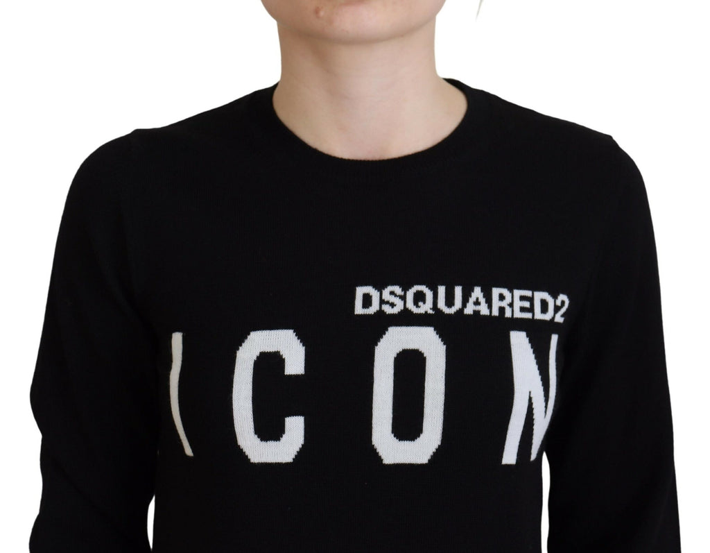 Pull en laine vierge noire Dsquared² avec logo imprimé à manches longues, style décontracté et moderne.