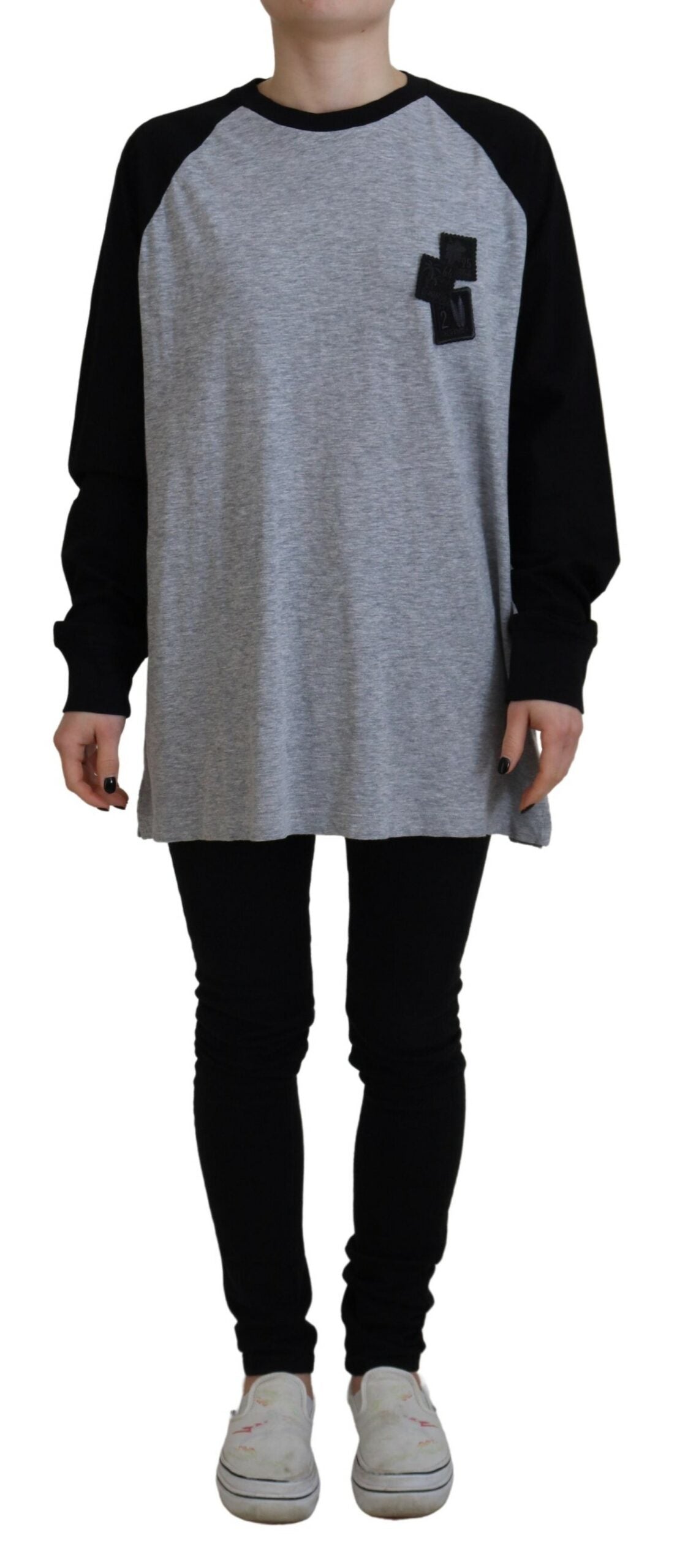 T-shirt casual à manches longues en coton gris et noir de Dsquared², style raglan, pour un look décontracté.