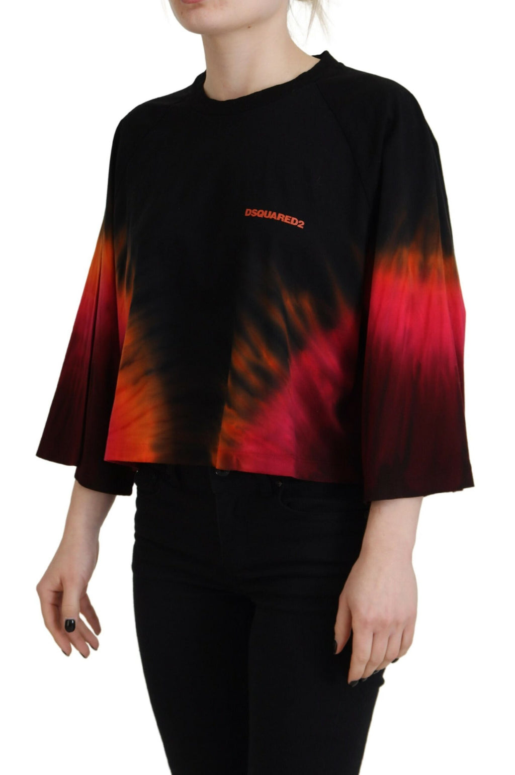 T-shirt casual noir en coton avec motif tie-dye, col rond, de la marque Dsquared², visible sur l'image.