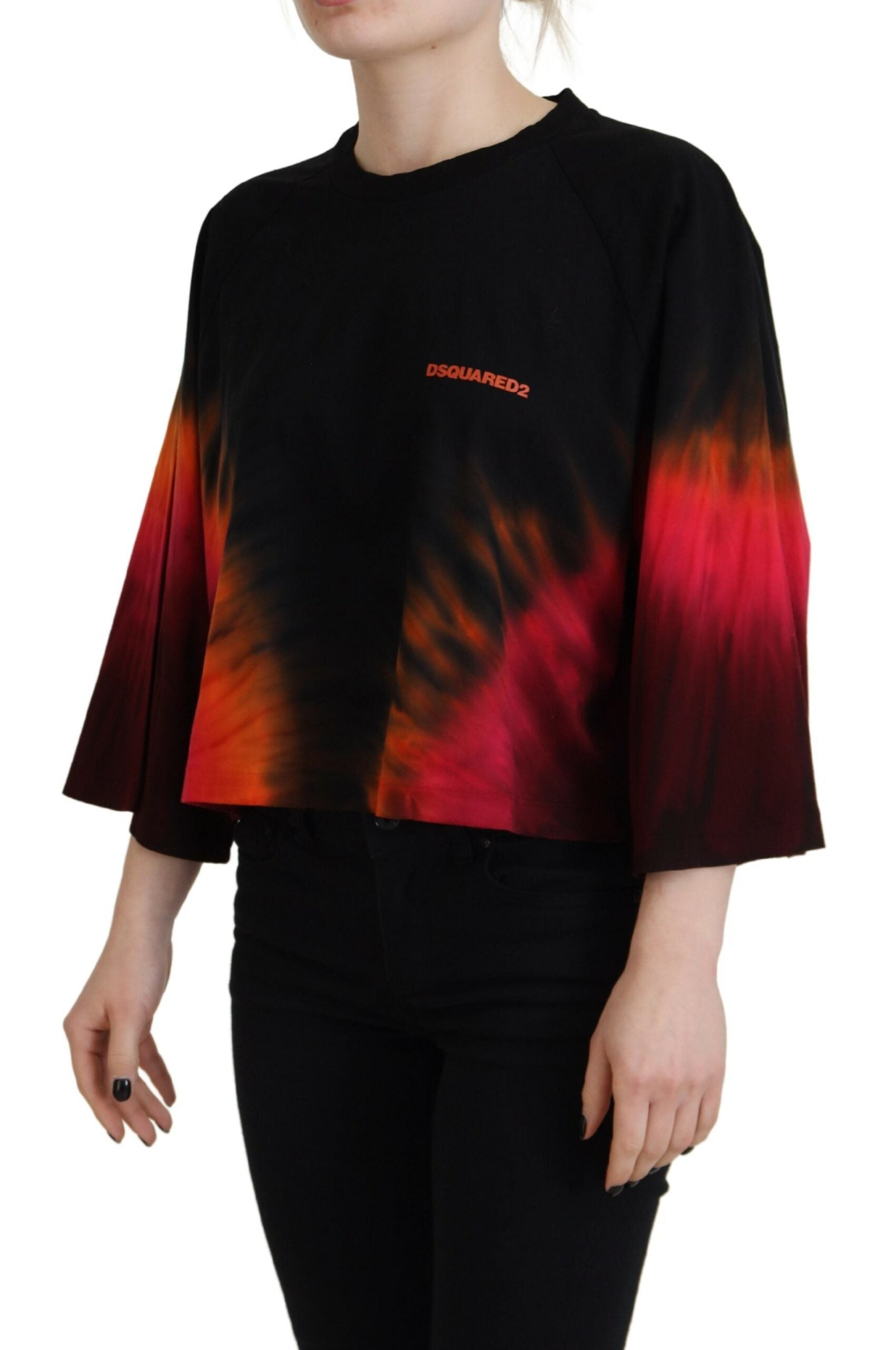 T-shirt casual noir en coton avec motif tie-dye, col rond, de la marque Dsquared², visible sur l'image.