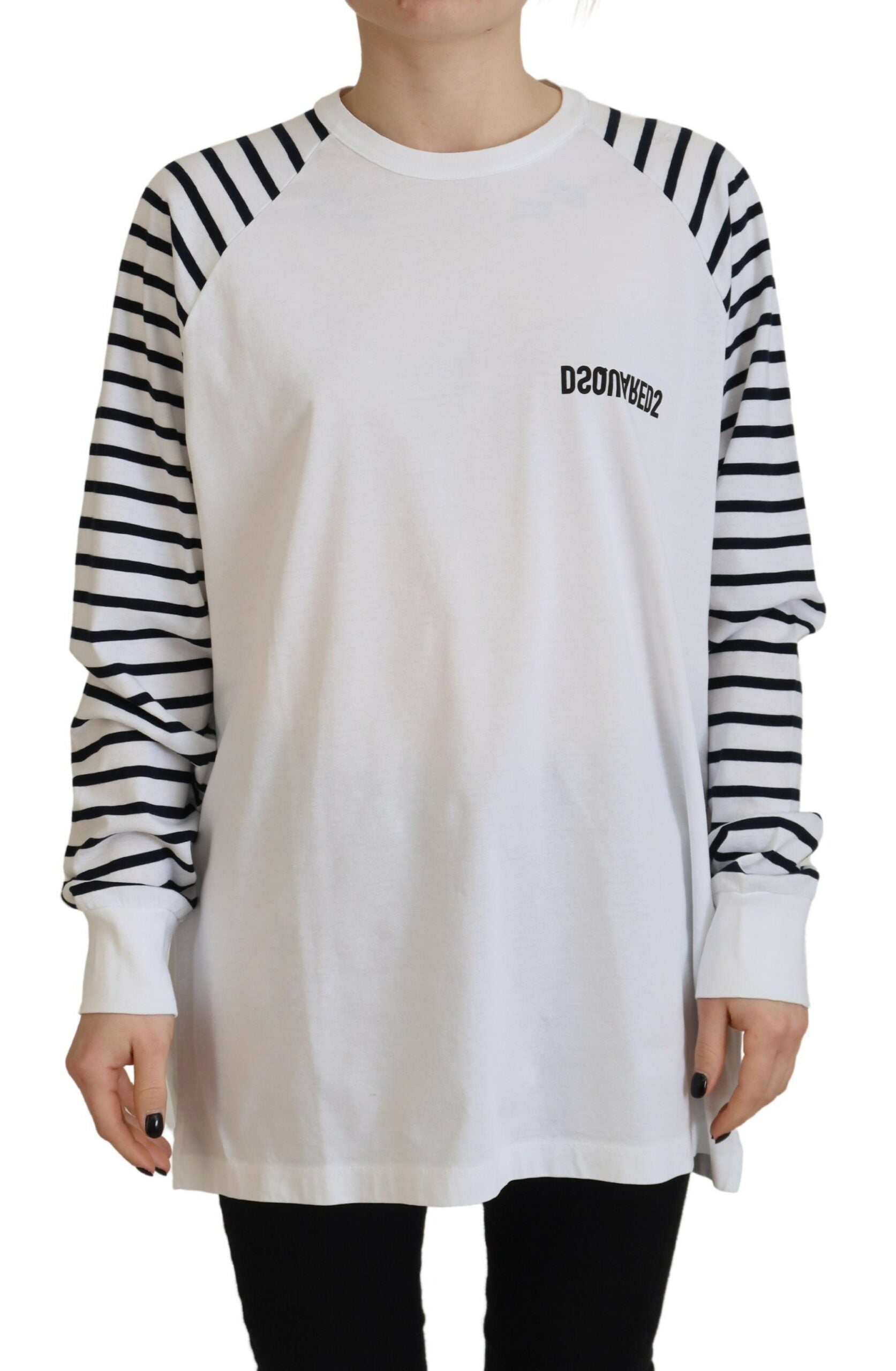 Pull blanc à rayures en coton à col rond à manches courtes de Dsquared², vue de face.