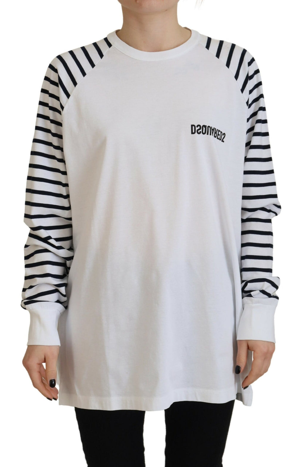 Pull à manches courtes blanc en coton à rayures de Dsquared², col rond, style décontracté et moderne.