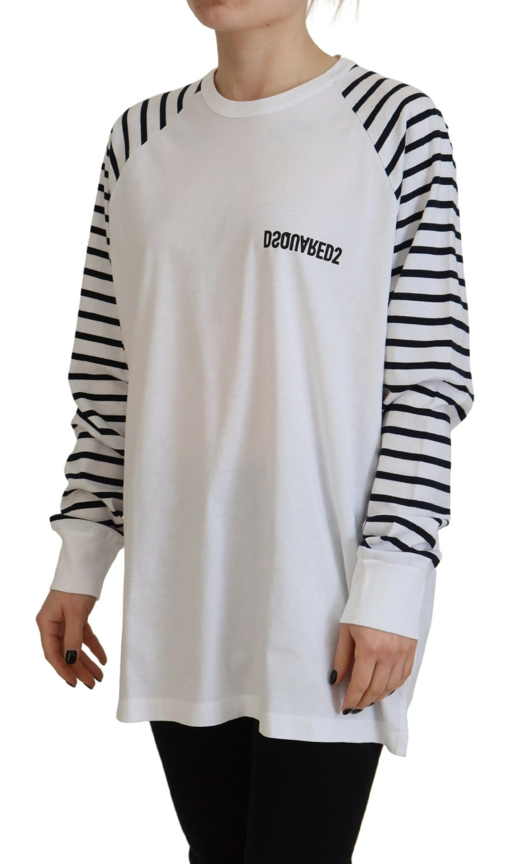Pull blanc à rayures en coton à col rond à manches courtes de Dsquared², vue de face.