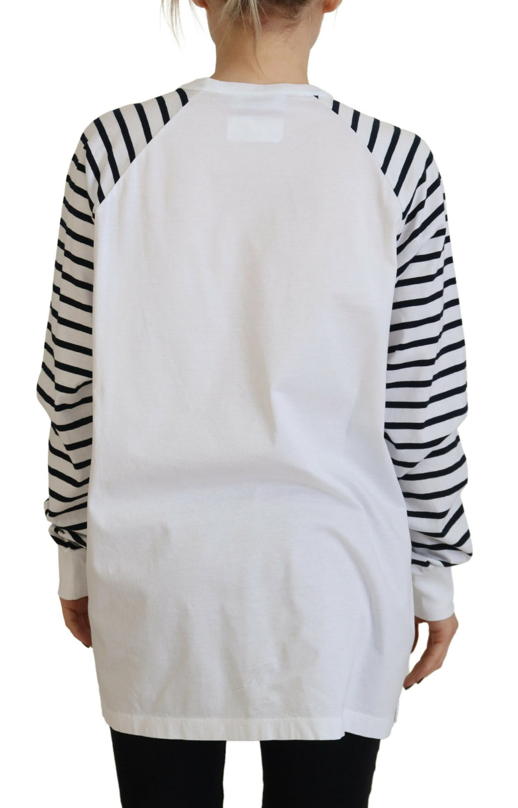 Pull blanc à rayures en coton à col rond à manches courtes de Dsquared², visible avec détails des rayures verticales.