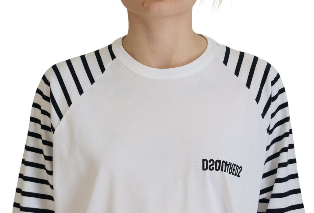 Pull blanc en coton à rayures à col rond à manches courtes de Dsquared², vue de face.