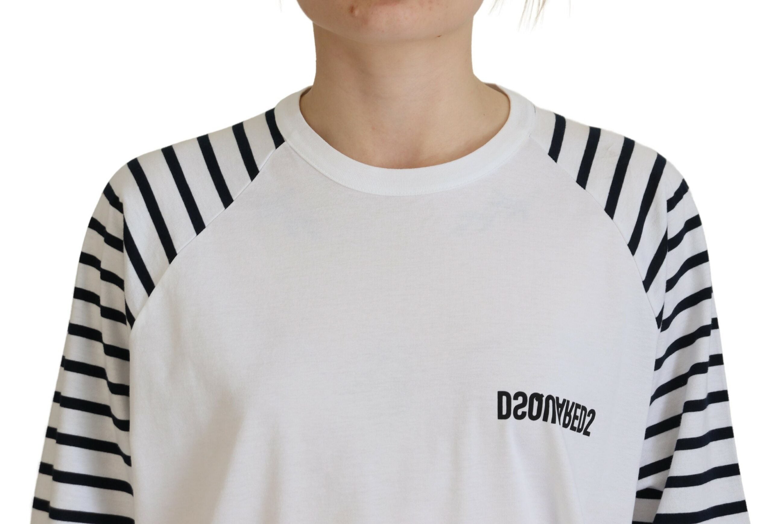 Pull blanc en coton à rayures à col rond à manches courtes de Dsquared², vue de face.