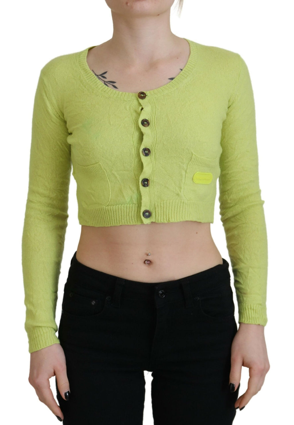 Pull en cachemire jaune vert à manches longues de Dsquared², coupe courte et style élégant.